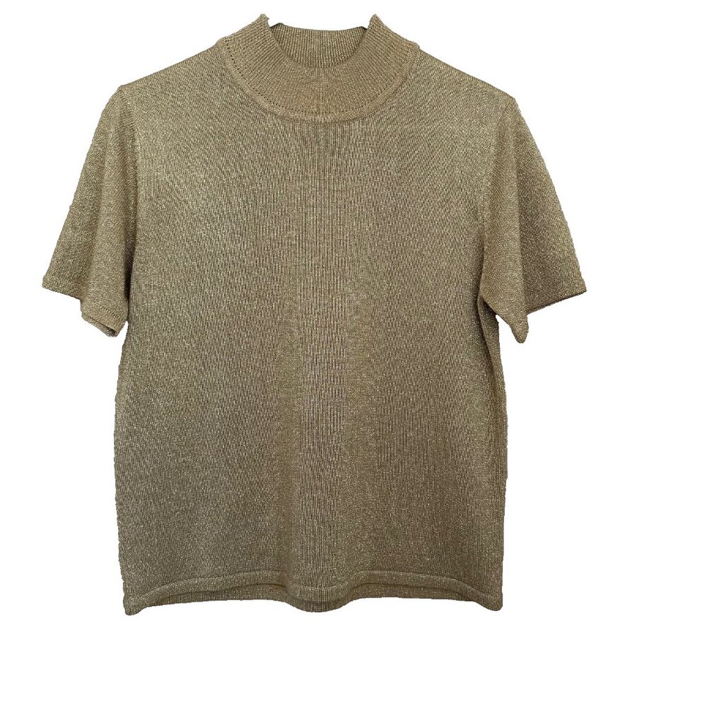 Vtg Nina Charles Kasper Gold Metallic Mock Neck Top Size M 90s Glam Quiet Luxury